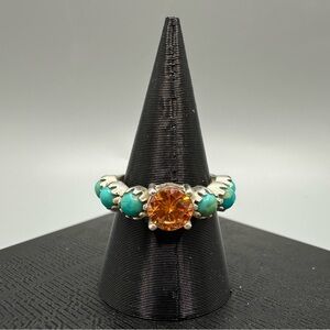 ♾️ Orange Moissanite & Turquoise Half Infinity Sterling Silver 925 Handmade Ring
